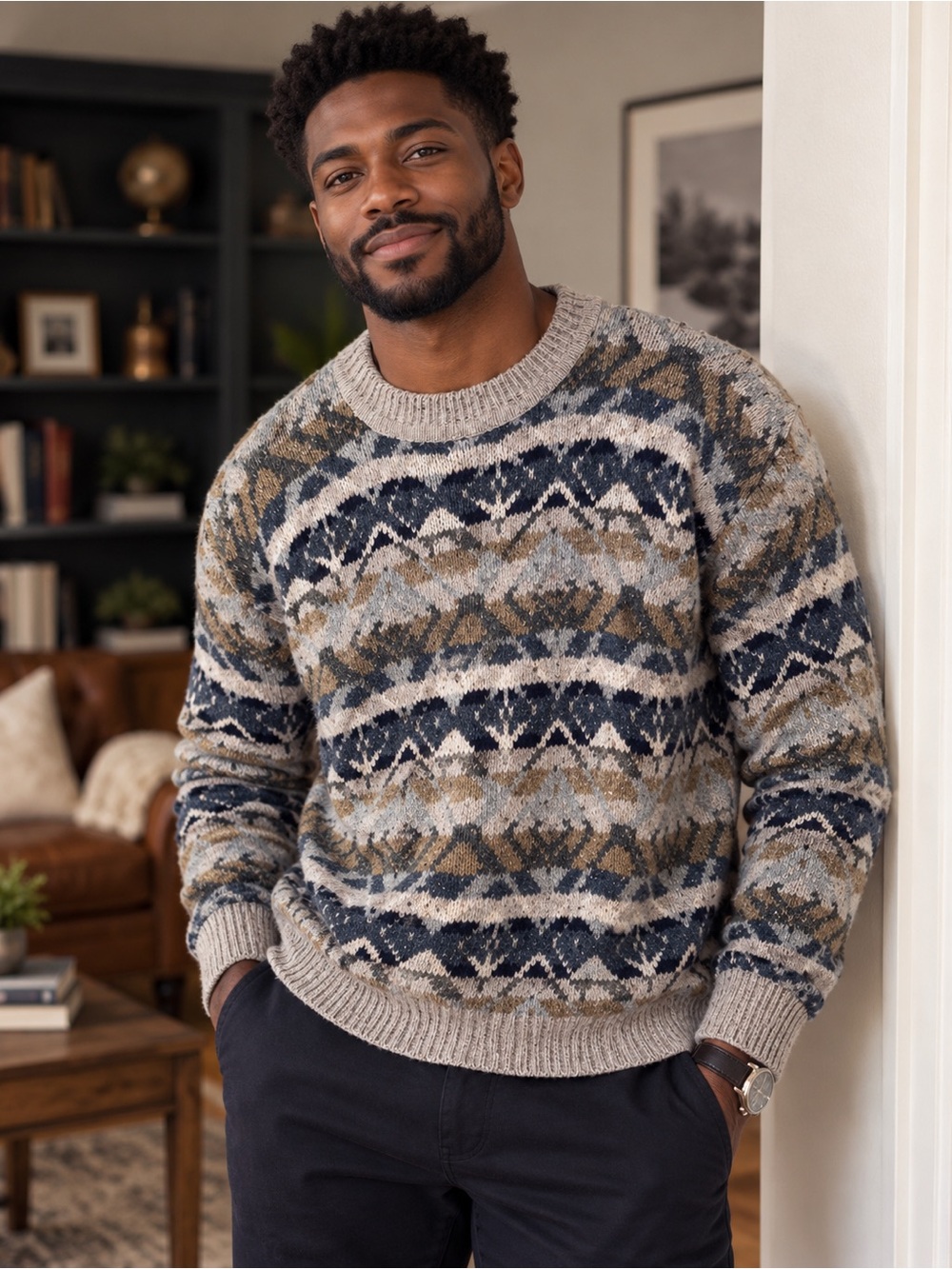 Eddie Bauer Fair Isle Crewneck Cozy Knit Sweater in Beige, Navy and Tan Sz XL